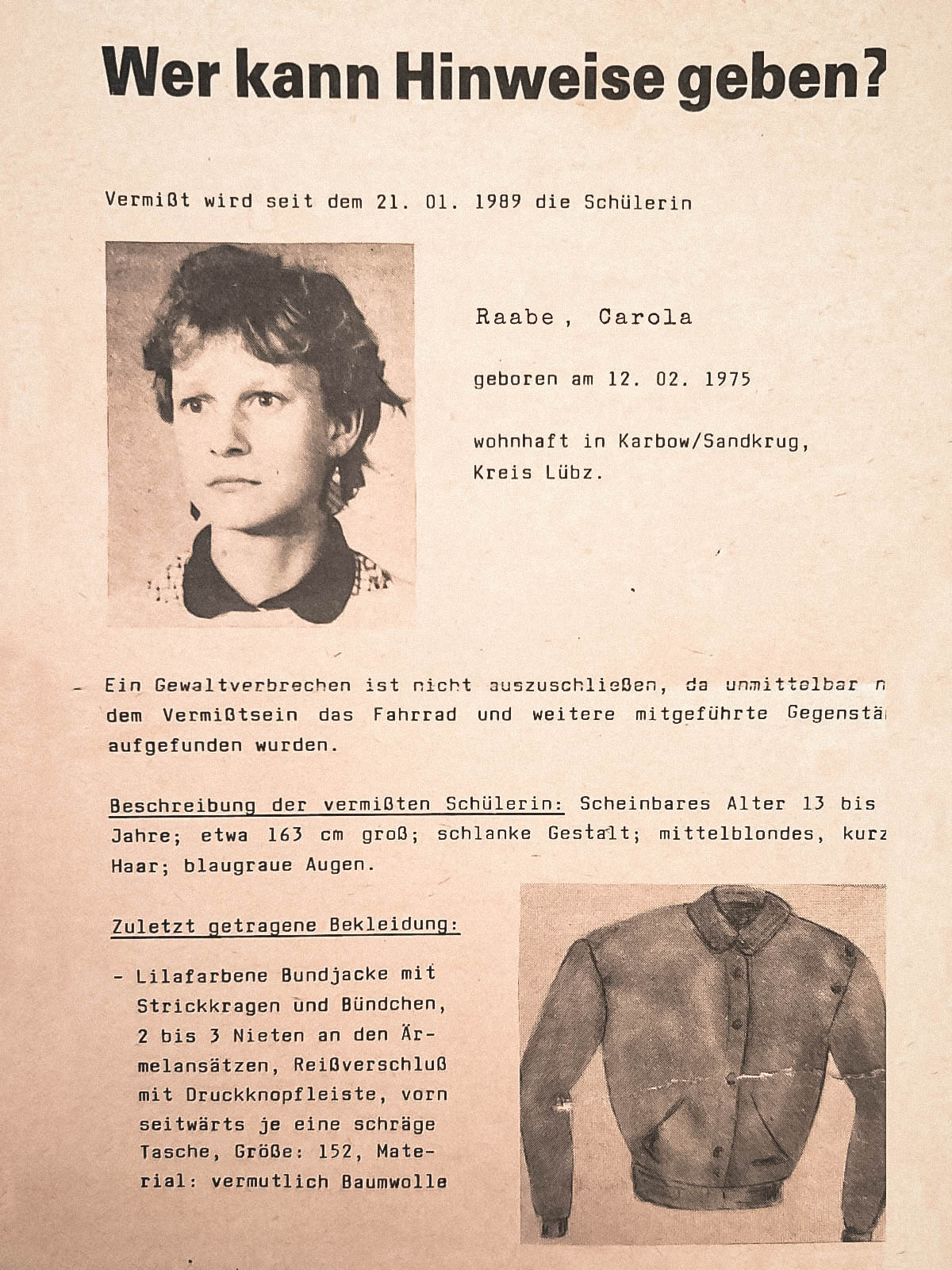 Vermisstenplakat – Carola Raabe (1989)