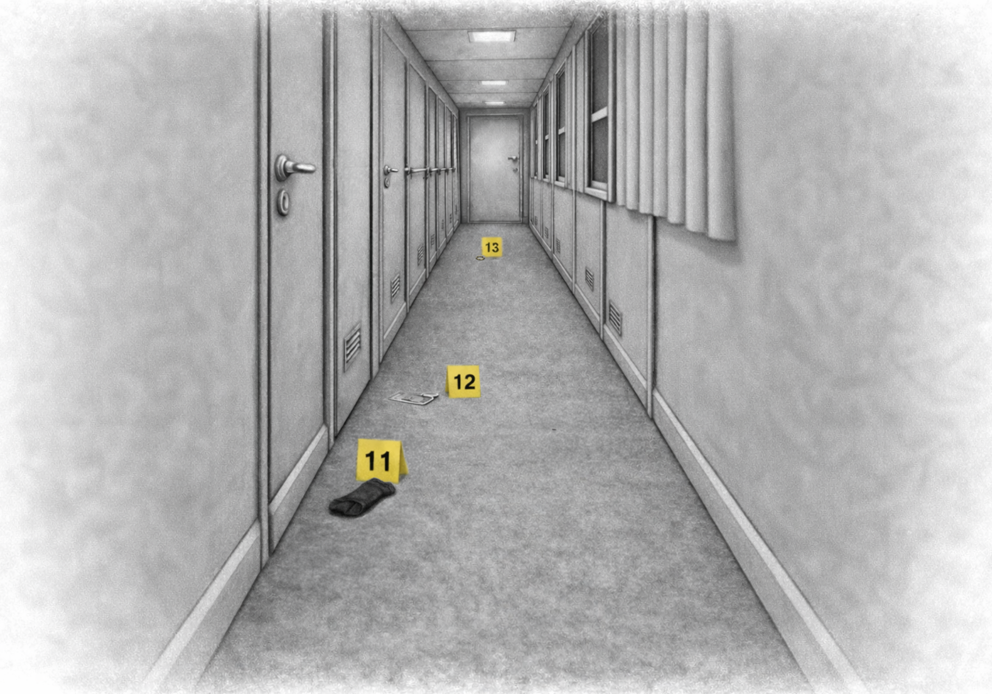 Rekonstruktion der Spurenlage im Gang vor dem Abteil