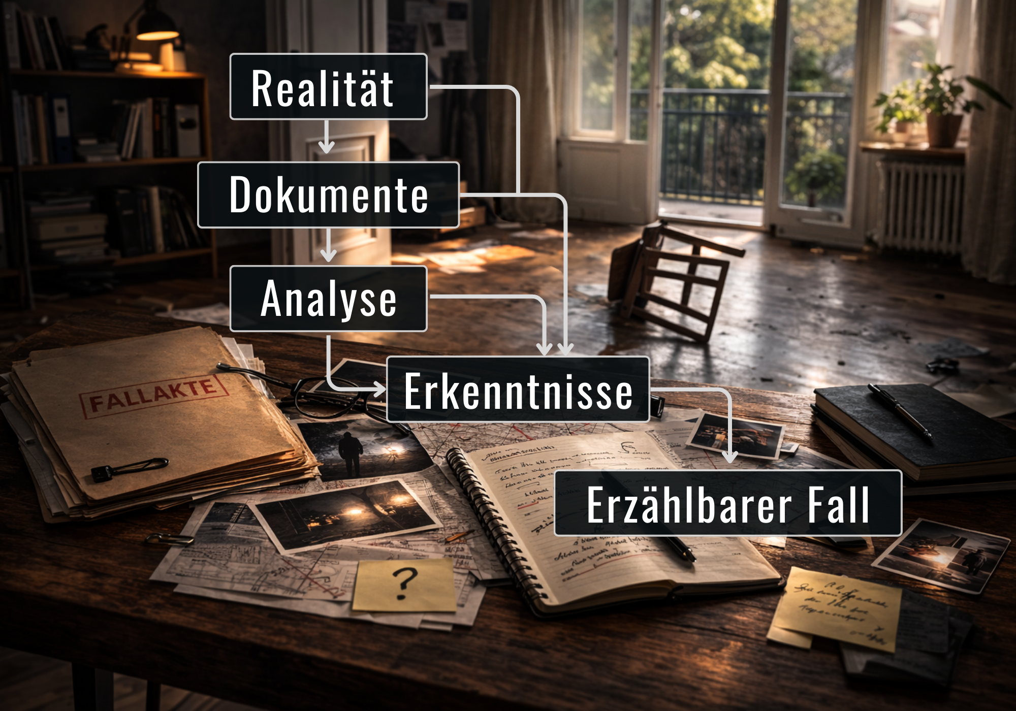Darstellung des Analyseprozesses eines Profilers: von Realität über Dokumente und Analyse zu Erkenntnis und darstellbarer Form