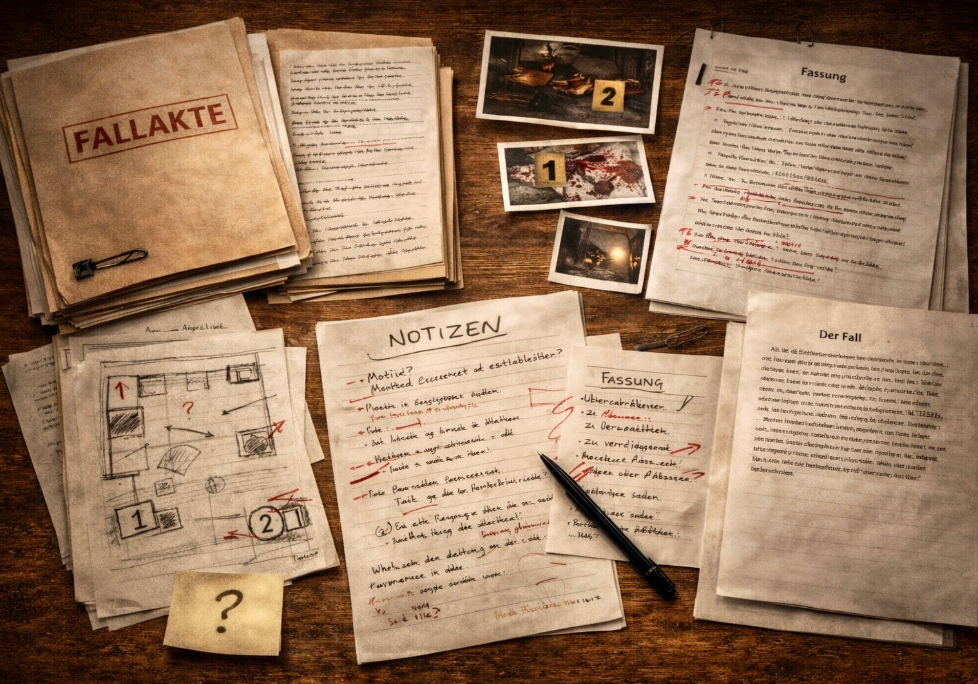 Arbeitsfläche eines Profilers mit Fallakte, Notizen, Fotos und Textentwürfen während des Schreibprozesses